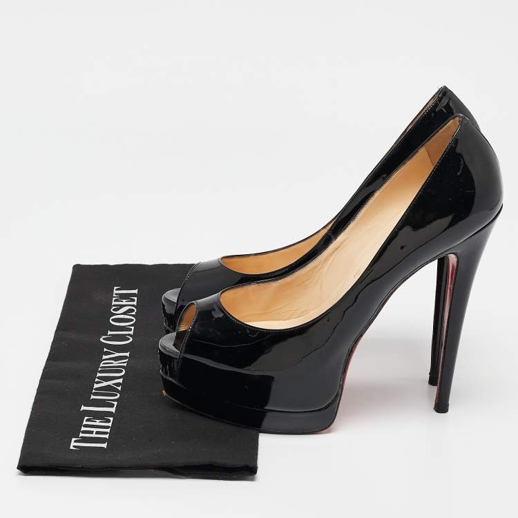 Pre Owned Christian Louboutin Black Patent Leather Lady Peep Toe Platform Pumps Size 38.5