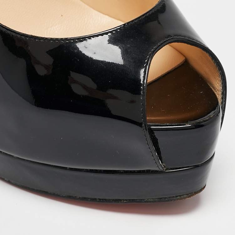 Pre Owned Christian Louboutin Black Patent Leather Lady Peep Toe Platform Pumps Size 38.5