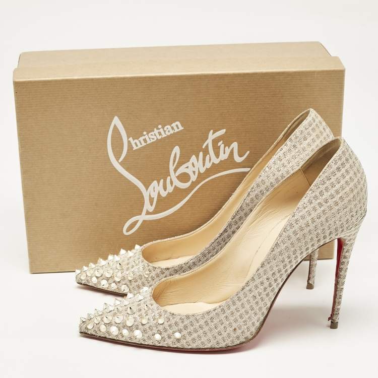 Pre Owned Christian Louboutin Gold Lurex Fabric Spikeyshell Pumps Size 38