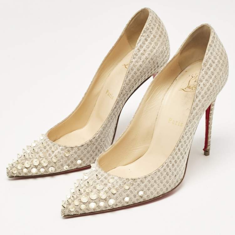 Pre Owned Christian Louboutin Gold Lurex Fabric Spikeyshell Pumps Size 38