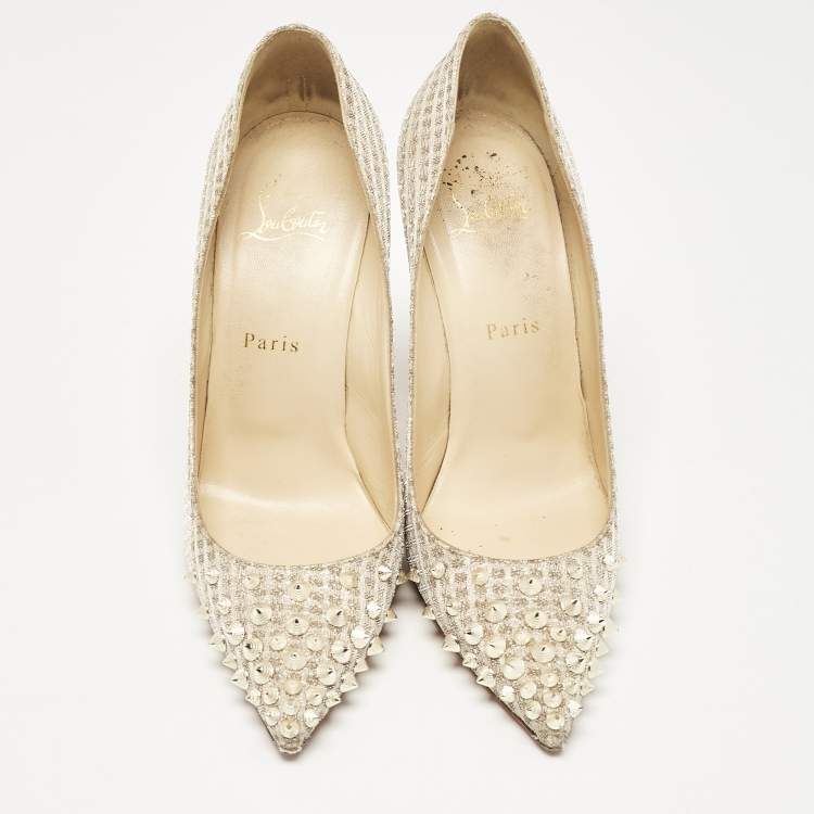 Pre Owned Christian Louboutin Gold Lurex Fabric Spikeyshell Pumps Size 38