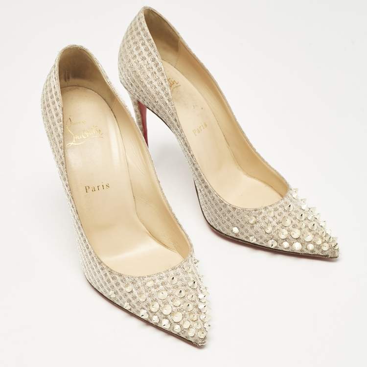 Pre Owned Christian Louboutin Gold Lurex Fabric Spikeyshell Pumps Size 38