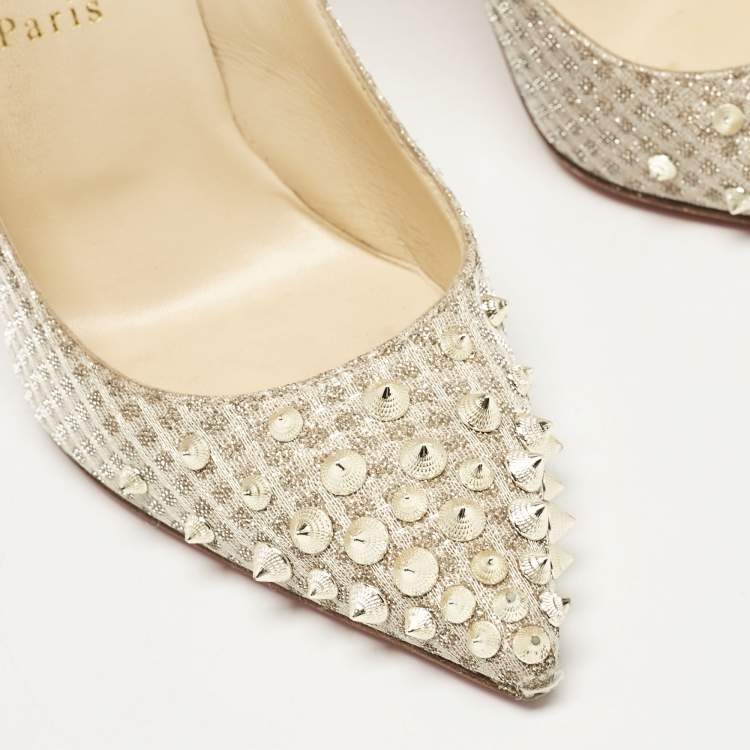 Pre Owned Christian Louboutin Gold Lurex Fabric Spikeyshell Pumps Size 38