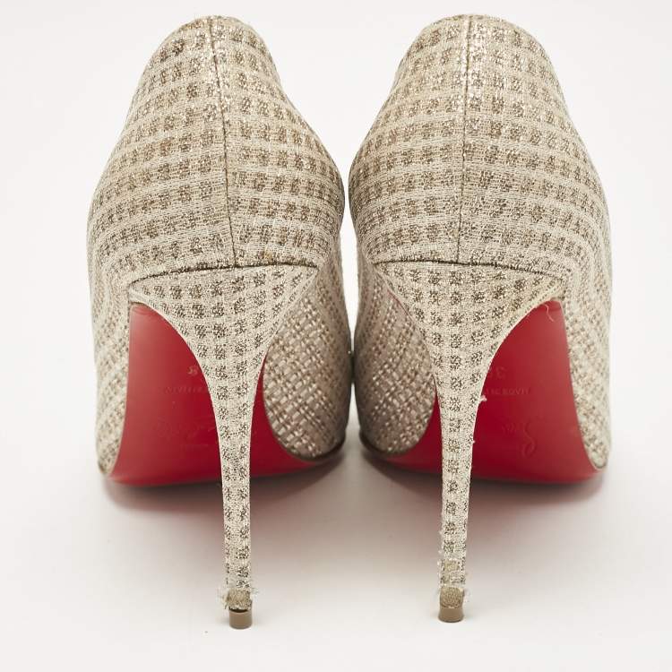 Pre Owned Christian Louboutin Gold Lurex Fabric Spikeyshell Pumps Size 38