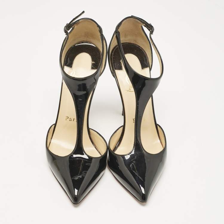 Pre Owned Christian Louboutin Black Patent Leather Pointed Toe T-Strap Pumps Size 35.5