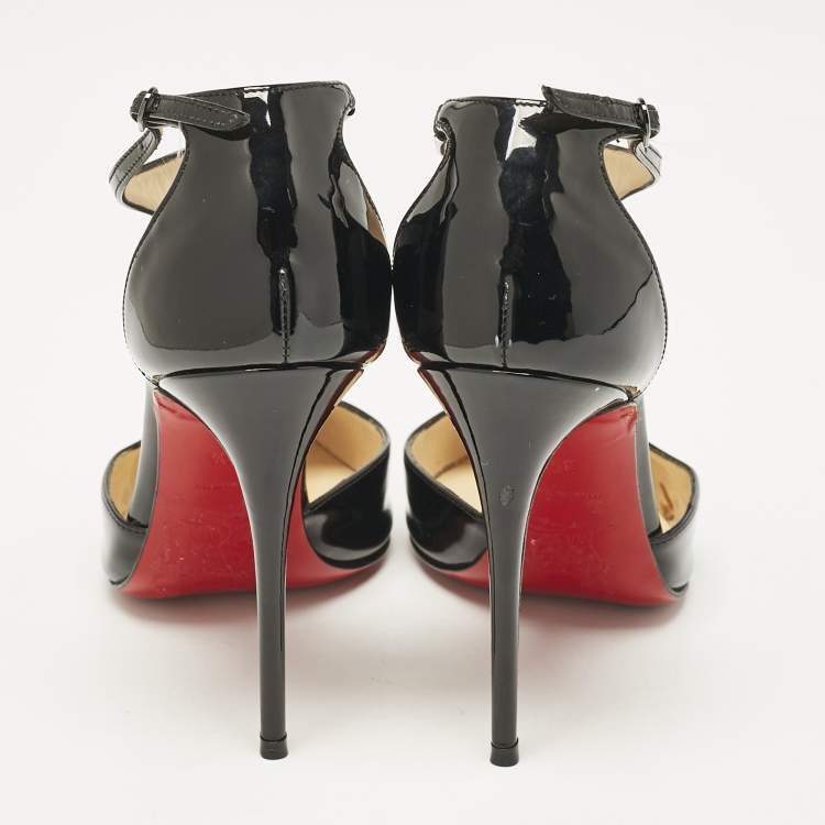 Pre Owned Christian Louboutin Black Patent Leather Pointed Toe T-Strap Pumps Size 35.5