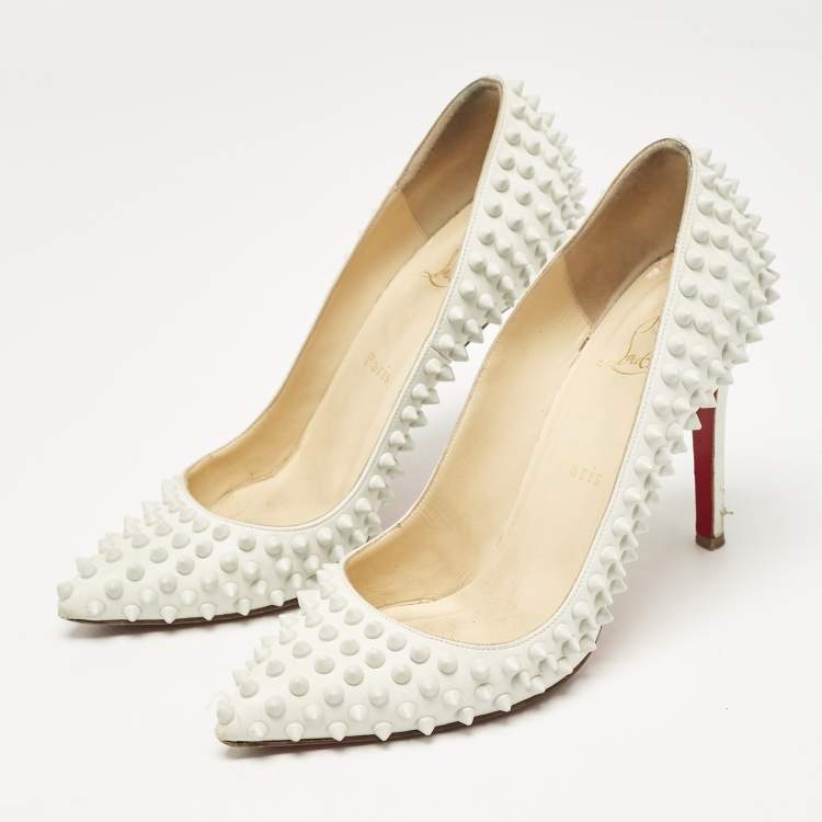 Pre Owned Christian Louboutin White Leather Pigalle Spikes Pointed Toe Pumps Size 38.5