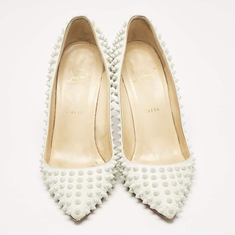 Pre Owned Christian Louboutin White Leather Pigalle Spikes Pointed Toe Pumps Size 38.5