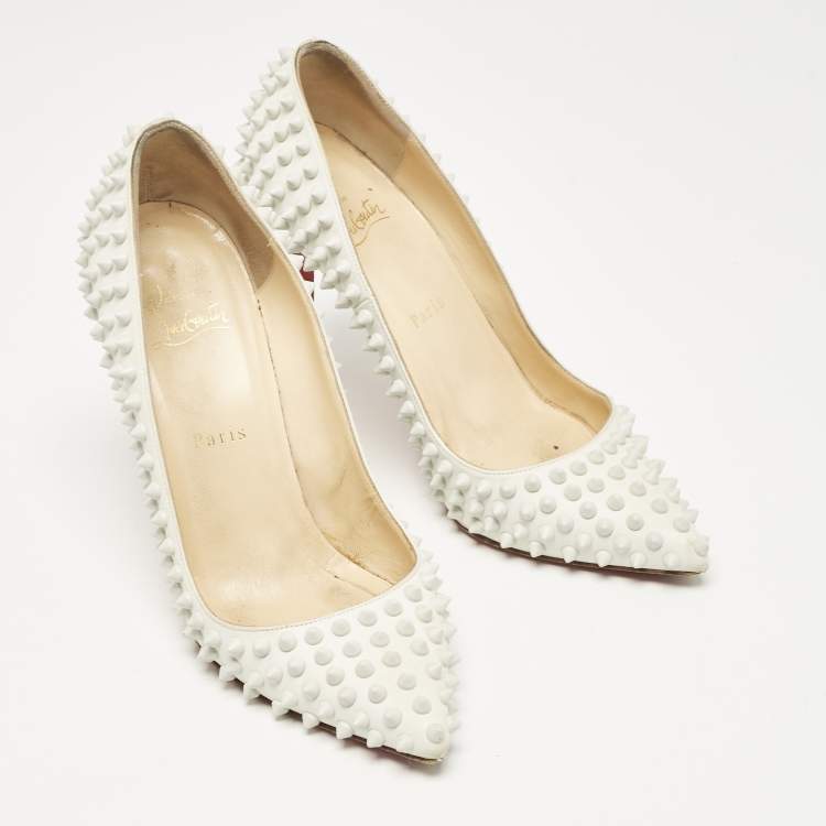Pre Owned Christian Louboutin White Leather Pigalle Spikes Pointed Toe Pumps Size 38.5