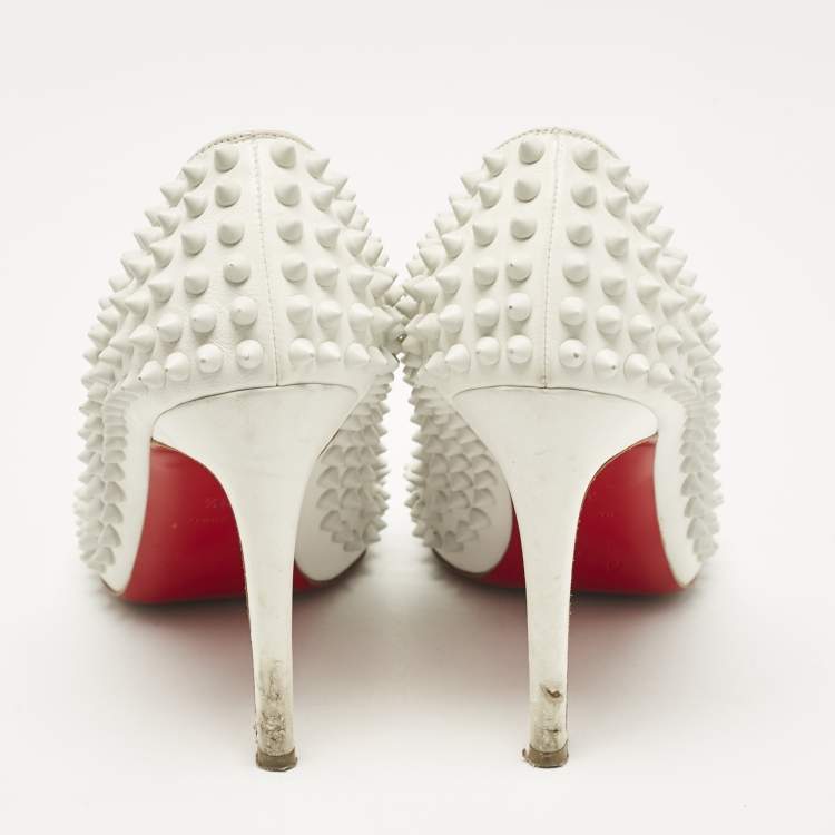 Pre Owned Christian Louboutin White Leather Pigalle Spikes Pointed Toe Pumps Size 38.5