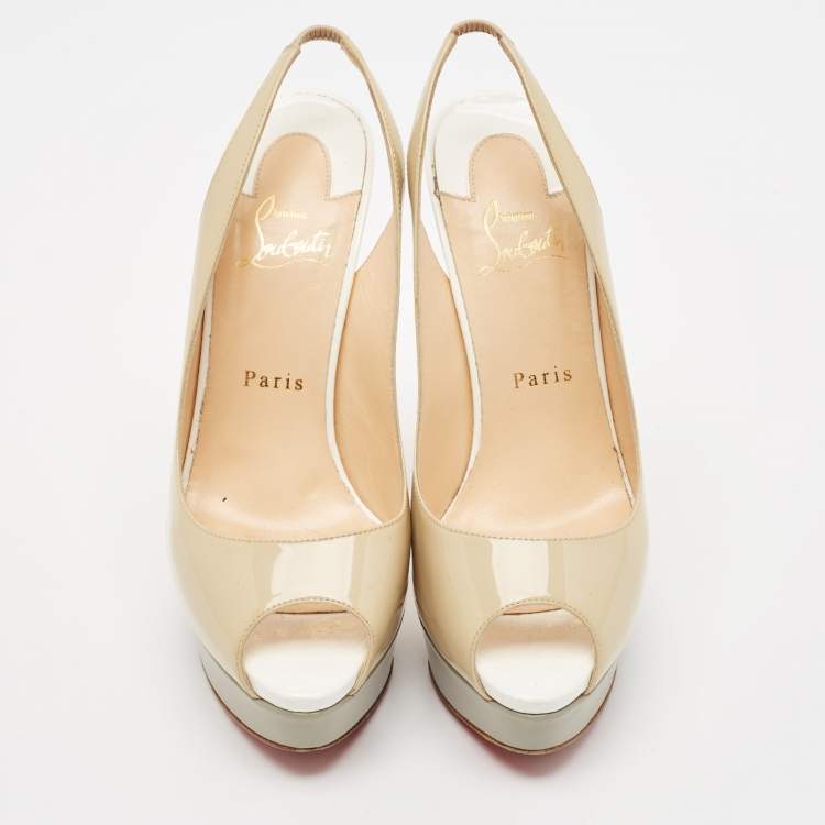 Pre Owned Christian Louboutin Beige/Grey Patent Leather Lady Peep Platform Slingback Pumps Size 38.5
