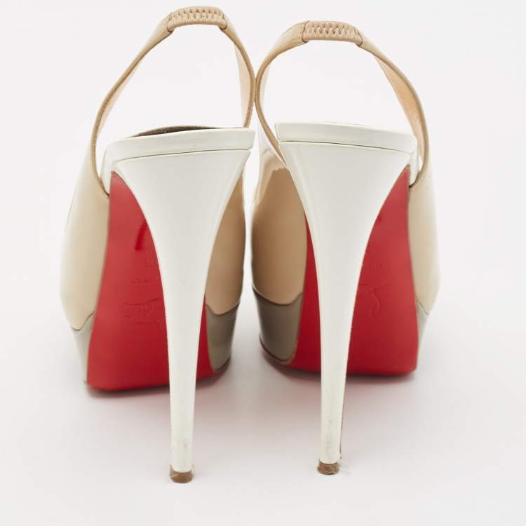 Pre Owned Christian Louboutin Beige/Grey Patent Leather Lady Peep Platform Slingback Pumps Size 38.5