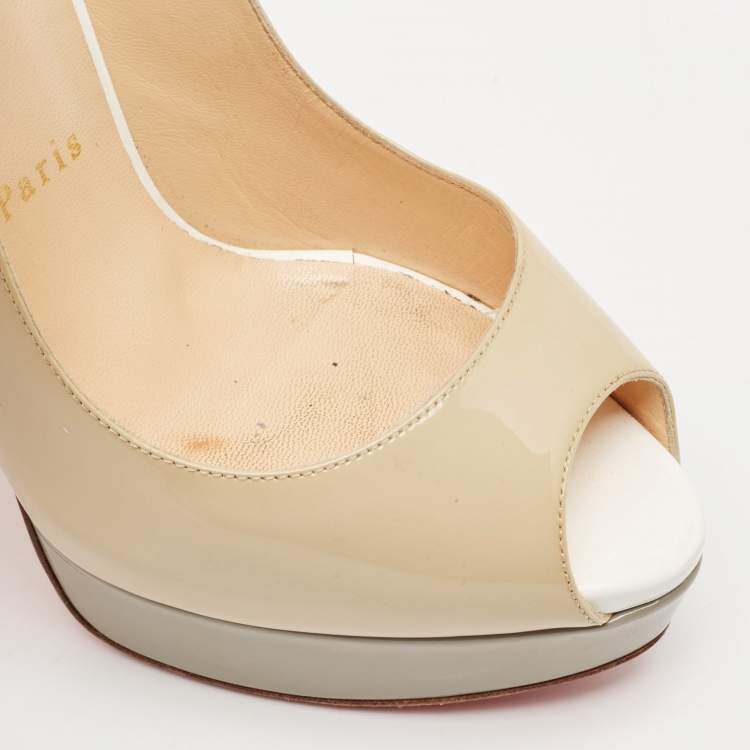 Pre Owned Christian Louboutin Beige/Grey Patent Leather Lady Peep Platform Slingback Pumps Size 38.5