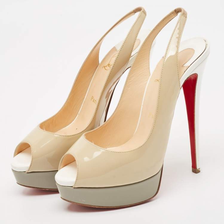 Pre Owned Christian Louboutin Beige/Grey Patent Leather Lady Peep Platform Slingback Pumps Size 38.5
