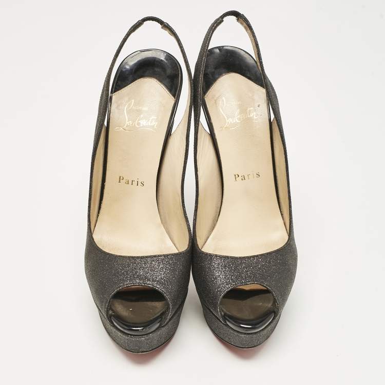Pre Owned Christian Louboutin Grey Glitter Lady Peep Slingback Pumps Size 39