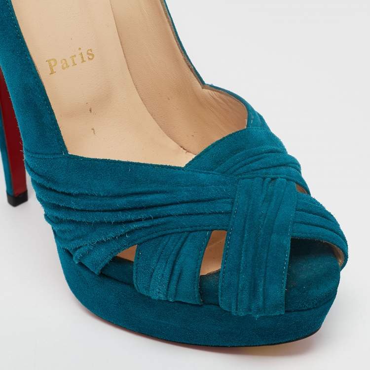 Pre Owned Christian Louboutin Blue Suede CrissCross Platform Pumps Size 39