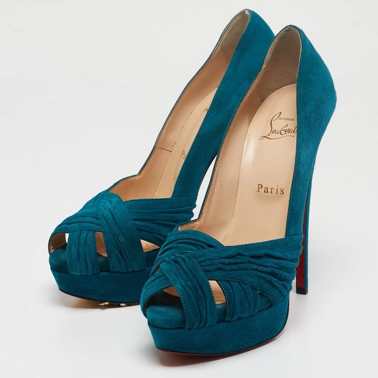 Pre Owned Christian Louboutin Blue Suede CrissCross Platform Pumps Size 39