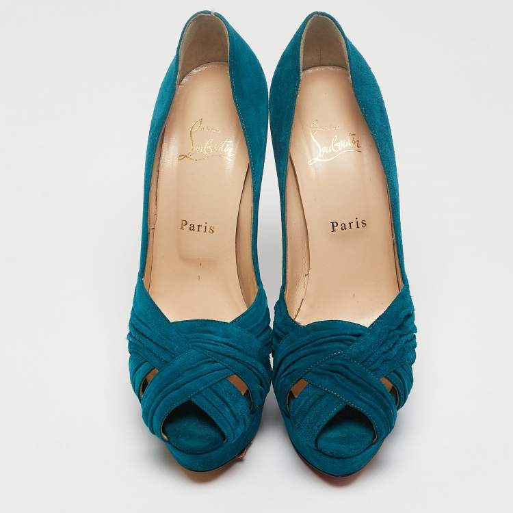 Pre Owned Christian Louboutin Blue Suede CrissCross Platform Pumps Size 39