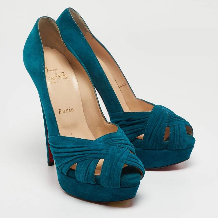 Pre Owned Christian Louboutin Blue Suede CrissCross Platform Pumps Size 39