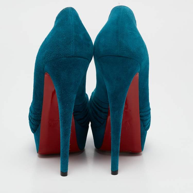 Pre Owned Christian Louboutin Blue Suede CrissCross Platform Pumps Size 39
