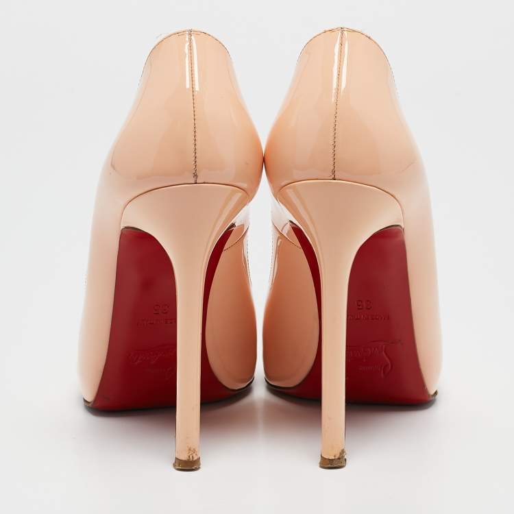 Pre Owned Christian Louboutin Peach Pink Patent Leather Flo Peep Toe Pumps Size 35