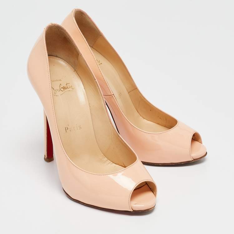 Pre Owned Christian Louboutin Peach Pink Patent Leather Flo Peep Toe Pumps Size 35