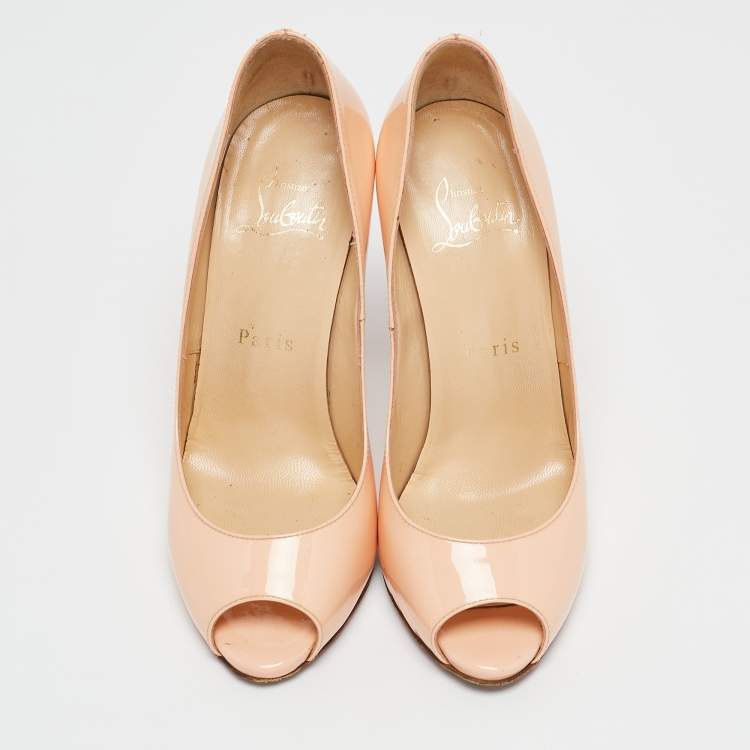 Pre Owned Christian Louboutin Peach Pink Patent Leather Flo Peep Toe Pumps Size 35