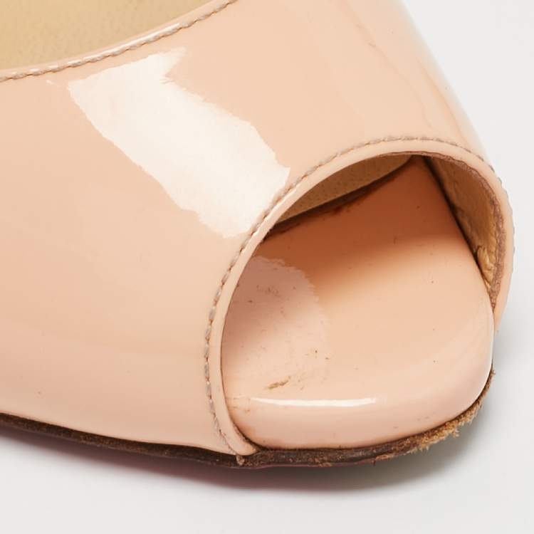 Pre Owned Christian Louboutin Peach Pink Patent Leather Flo Peep Toe Pumps Size 35
