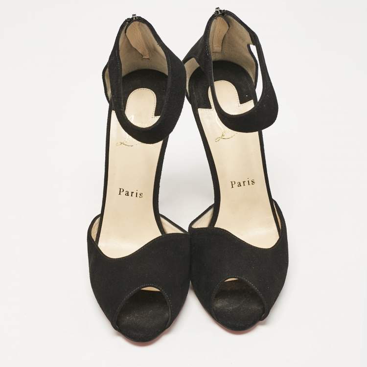 Pre Owned Christian Louboutin Black Suede Ankle Strap Peep Toe Sandals Size 39.5