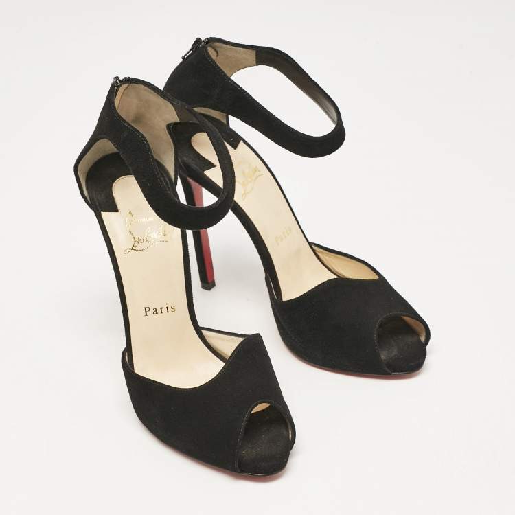 Pre Owned Christian Louboutin Black Suede Ankle Strap Peep Toe Sandals Size 39.5