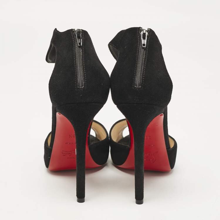 Pre Owned Christian Louboutin Black Suede Ankle Strap Peep Toe Sandals Size 39.5