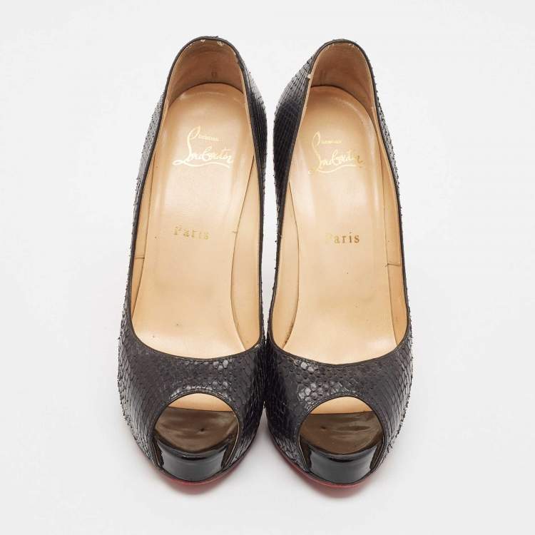 Pre Owned Christian Louboutin Black Python Leather Very Prive Peep Toe Pumps Size 38.5