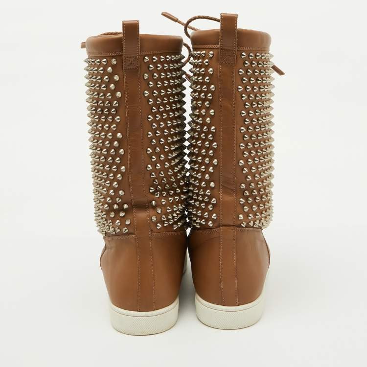 Pre Owned Christian Louboutin Brown Leather Surlapony Spiked Mid Calf Boots Size 43