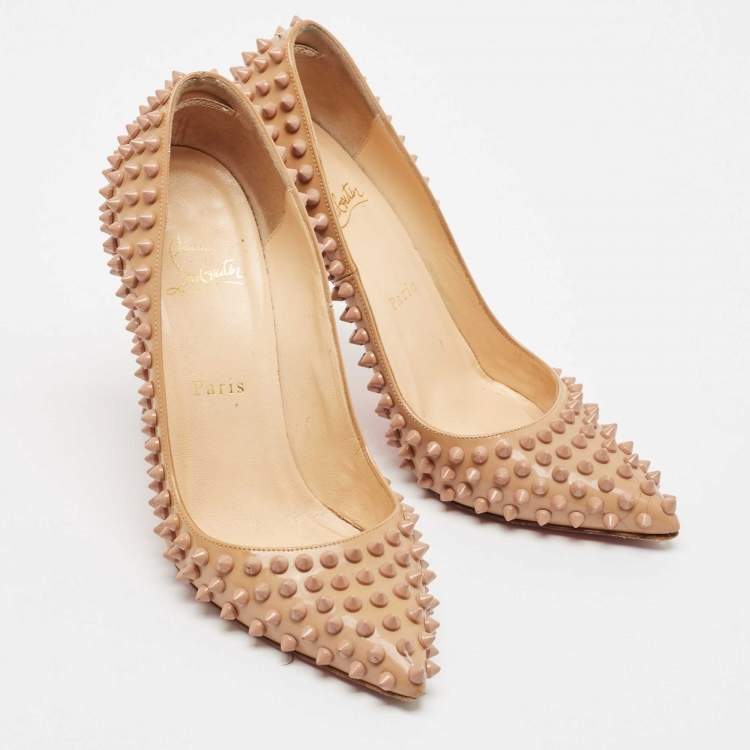 Pre Owned Christian Louboutin Beige Patent Leather Pigalle Spikes Pointed Toe Pumps Size 38