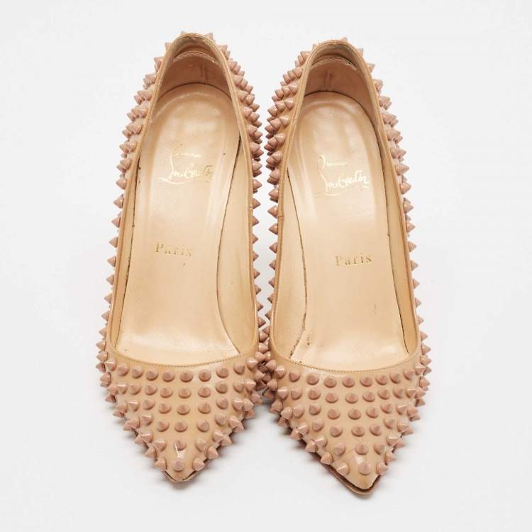 Pre Owned Christian Louboutin Beige Patent Leather Pigalle Spikes Pointed Toe Pumps Size 38