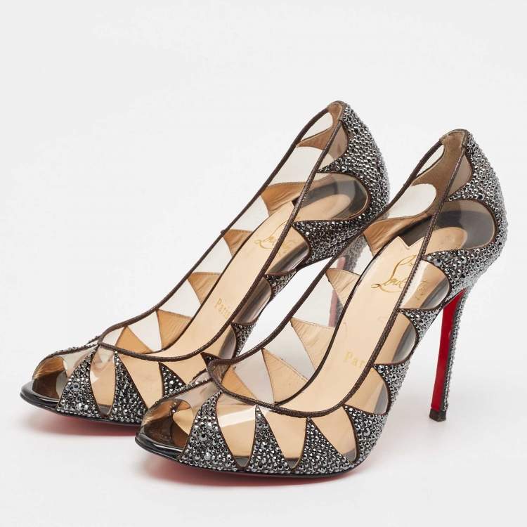 Pre Owned Christian Louboutin Grey Suede and PVC Crystal Indera Pumps Size 37.5