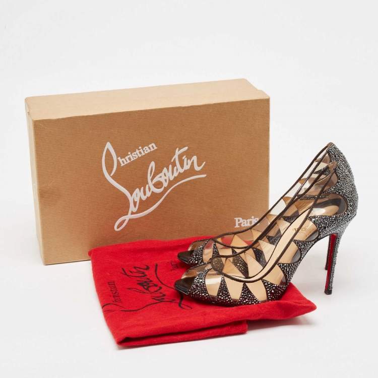 Pre Owned Christian Louboutin Grey Suede and PVC Crystal Indera Pumps Size 37.5