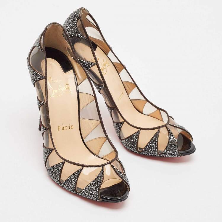 Pre Owned Christian Louboutin Grey Suede and PVC Crystal Indera Pumps Size 37.5