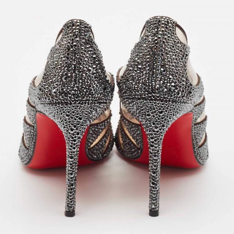 Pre Owned Christian Louboutin Grey Suede and PVC Crystal Indera Pumps Size 37.5
