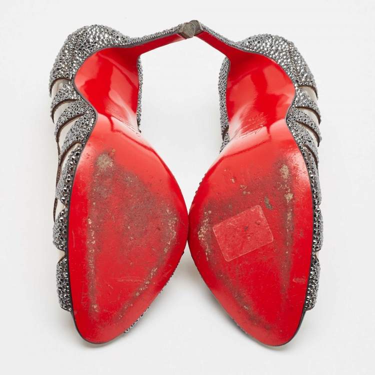 Pre Owned Christian Louboutin Grey Suede and PVC Crystal Indera Pumps Size 37.5
