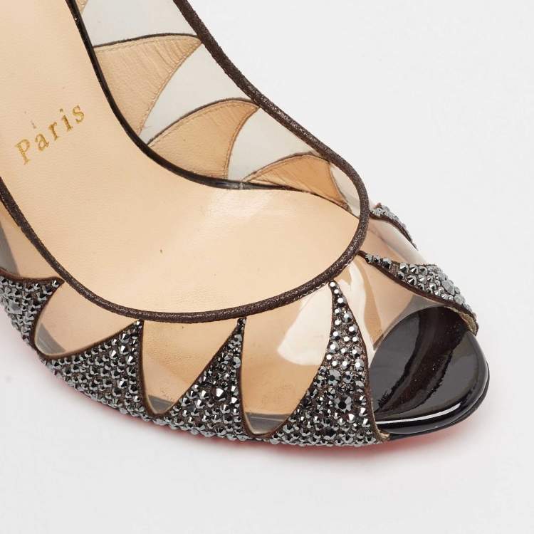 Pre Owned Christian Louboutin Grey Suede and PVC Crystal Indera Pumps Size 37.5