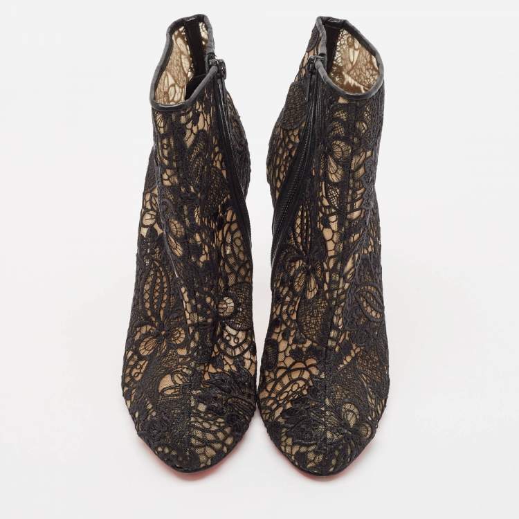 مملوكة مسبقًا Christian Louboutin Black Lace Miss Tennis Ankle Boots Size 38