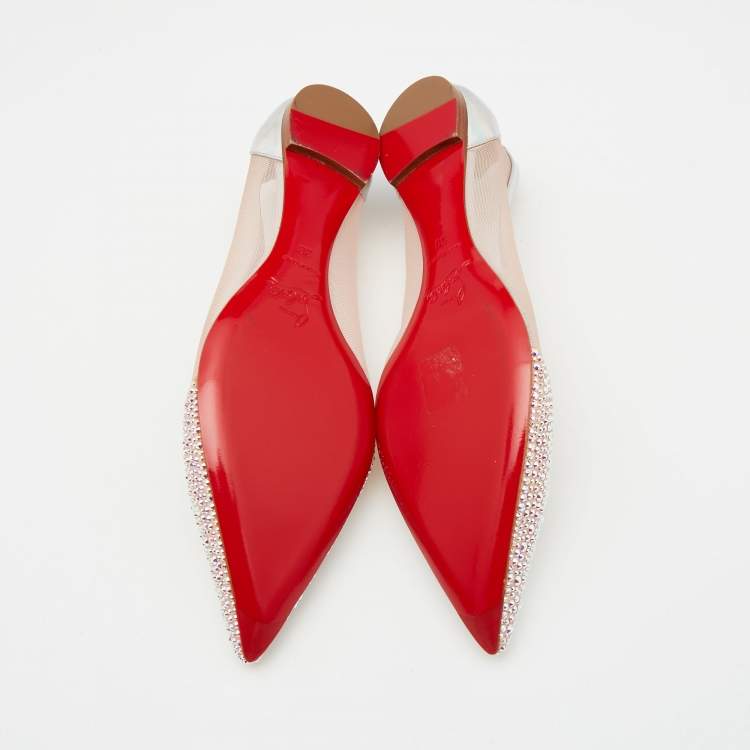 Pre Owned Christian Louboutin Multicolor Lace and Leather Crystal Embellished Ballet Flats Size 38