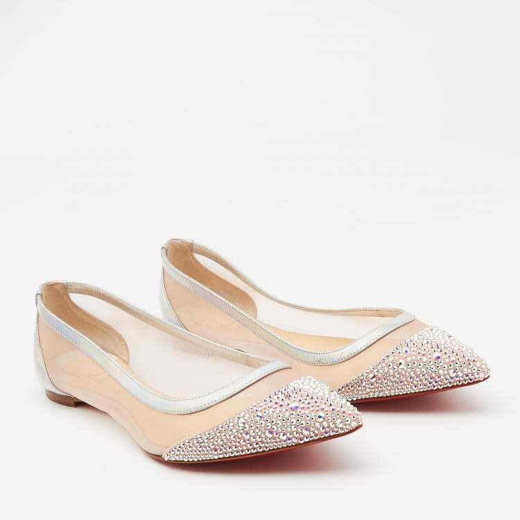 Pre Owned Christian Louboutin Multicolor Lace and Leather Crystal Embellished Ballet Flats Size 38