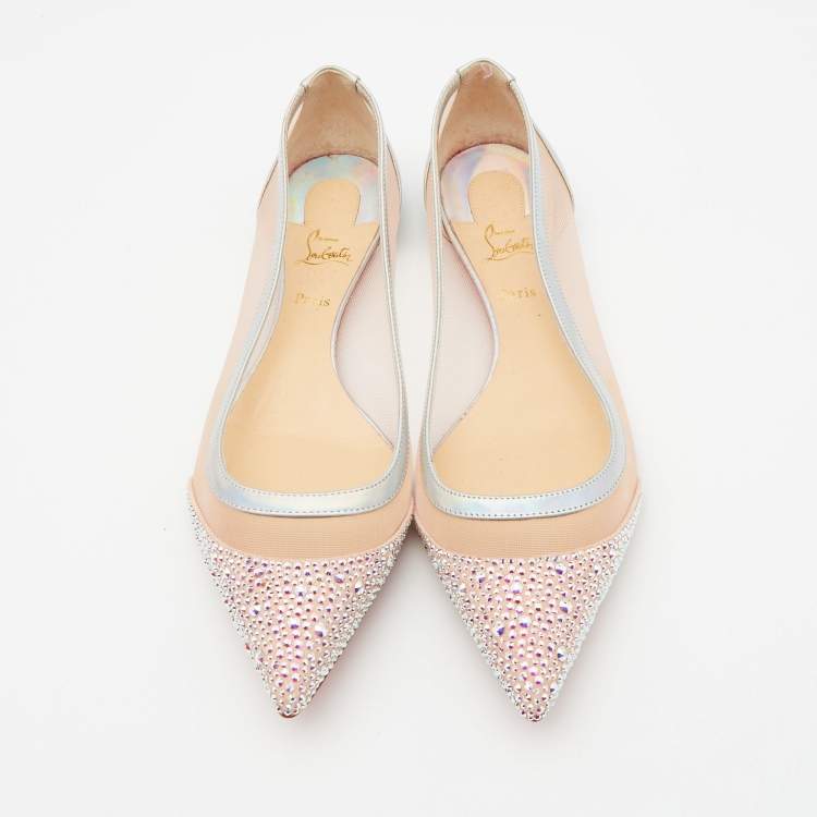 Pre Owned Christian Louboutin Multicolor Lace and Leather Crystal Embellished Ballet Flats Size 38