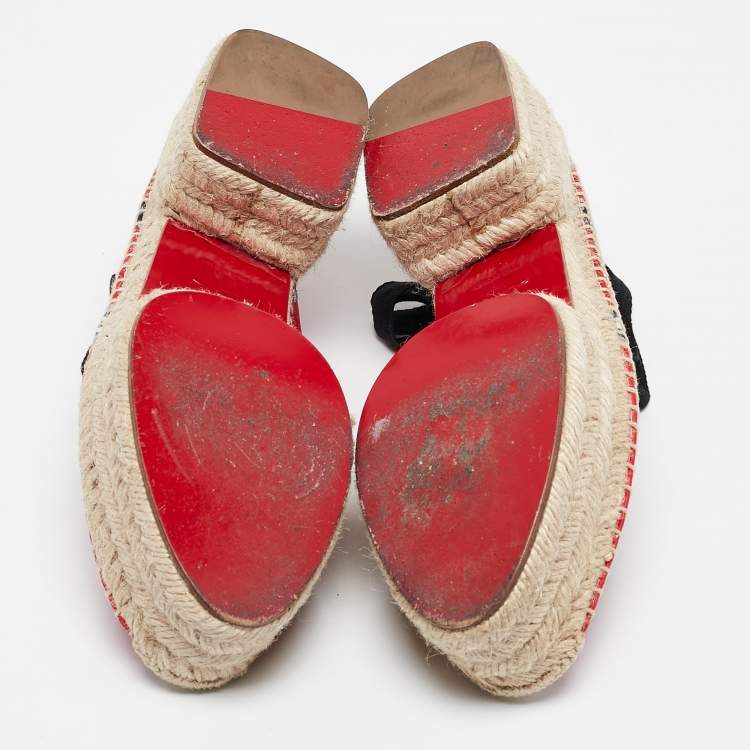 Pre Owned Christian Louboutin Red Fabric Evil Eye Print Platform Espadrille Sandals Size 38