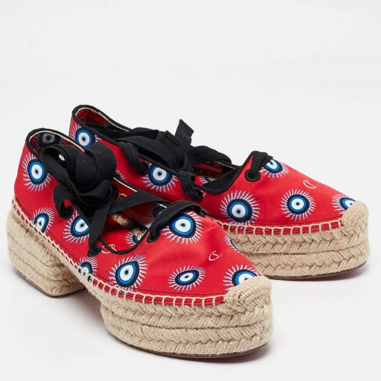 Pre Owned Christian Louboutin Red Fabric Evil Eye Print Platform Espadrille Sandals Size 38