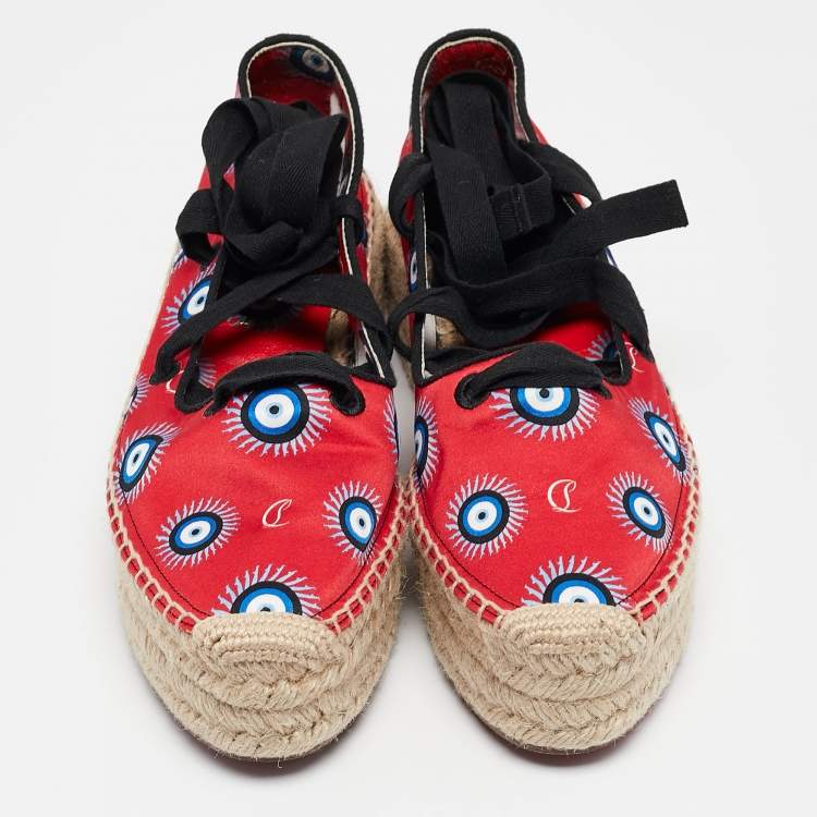 Pre Owned Christian Louboutin Red Fabric Evil Eye Print Platform Espadrille Sandals Size 38