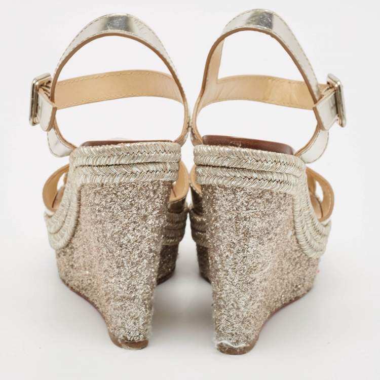 Pre Owned Christian Louboutin Metallic Leather Almeria Platform Wedge Sandals Size 38