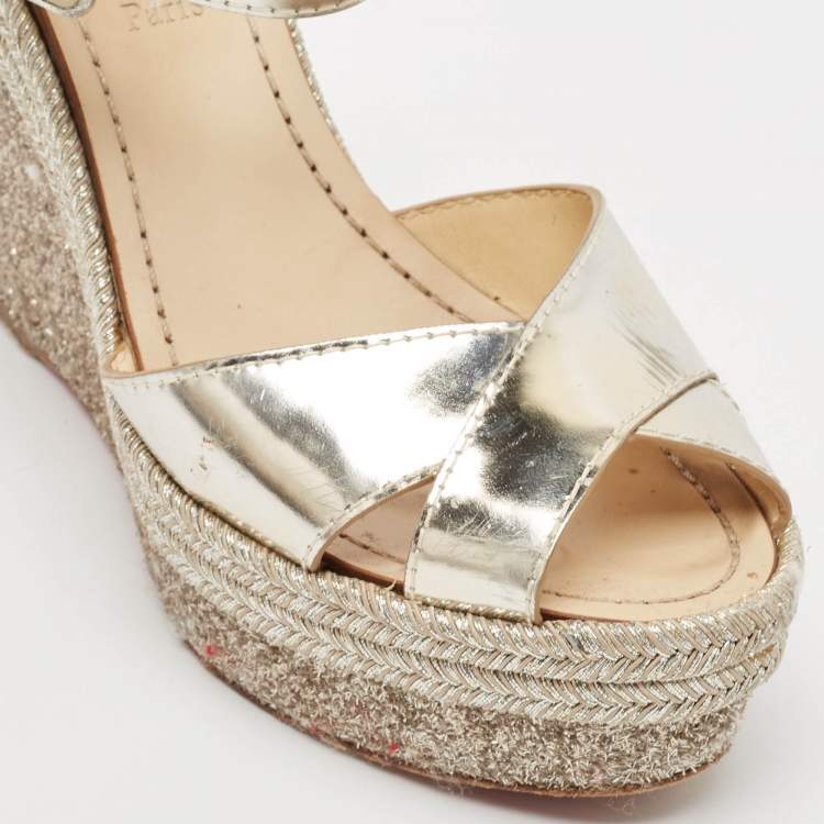 Pre Owned Christian Louboutin Metallic Leather Almeria Platform Wedge Sandals Size 38